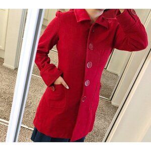Anthropologie Tulle Red Wool Pea Coat Belted Waist- L